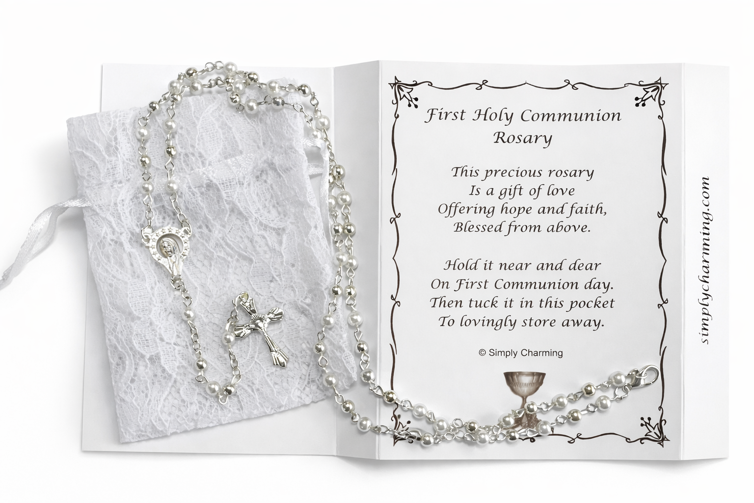 First Communion Silver & Pearl Rosary Necklace